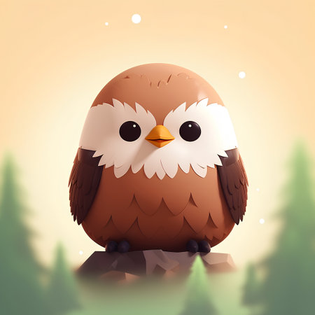 Cute cartoon owl sitting on a stone in the forest. Vector illustration.の素材