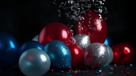Colorful Easter eggs with ribbons and confetti on dark backgroundの素材