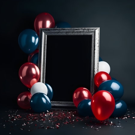 Silver photo frame with red, blue and white balloons on black backgroundの素材