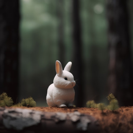 Cute little white rabbit sitting on the ground in the forest.の素材