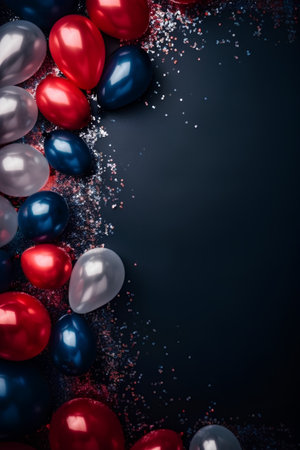 Red, white and blue balloons on black background with copy space.の素材