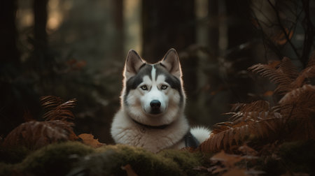 Portrait of a beautiful siberian husky dog in autumn forestの素材
