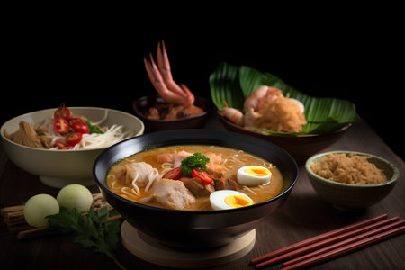 japanese ramen noodle soup with shrimps and egg on black backgroundの素材