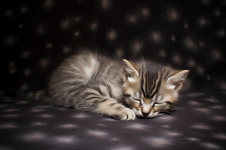 Cute little siberian kitten sleeping on dark background. Studio shot.の素材