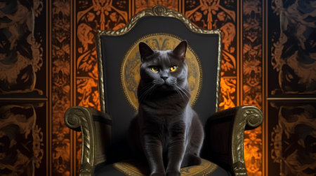 British shorthair cat sitting in an armchair on a vintage backgroundの素材