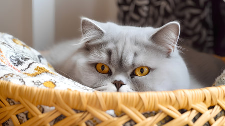 British shorthair cat lying in a basket. Selective focus.の素材