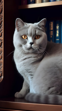 Portrait of a beautiful british shorthair cat sitting on a bookshelfの素材