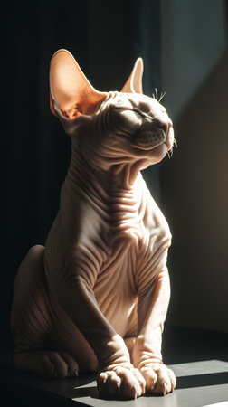 Sphynx cat sitting on the window sill in sunlight.の素材