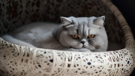 British shorthair cat lying in wicker basket. Selective focus.の素材