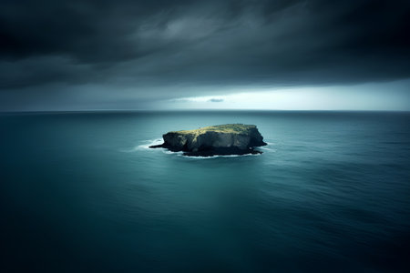 Aerial view of a rock in the ocean on a cloudy day.の素材