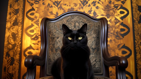 Portrait of a black cat with yellow eyes sitting on a chairの素材