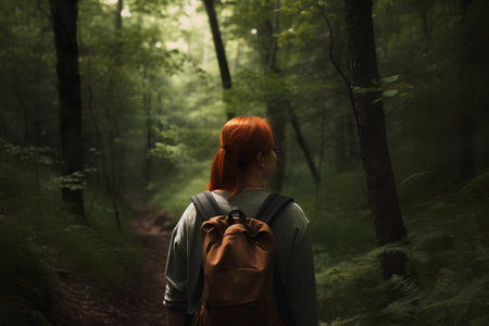 Young red-haired woman with backpack hiking in the forest, rear viewの素材