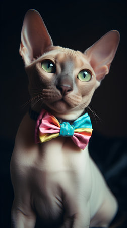 Portrait of a Sphynx cat with colorful bow tie.の素材
