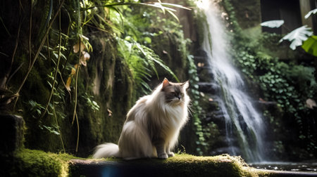 Persian cat sitting on a rock with a waterfall in the backgroundの素材