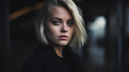 Portrait of a beautiful blonde girl in a black coat on the streetの素材