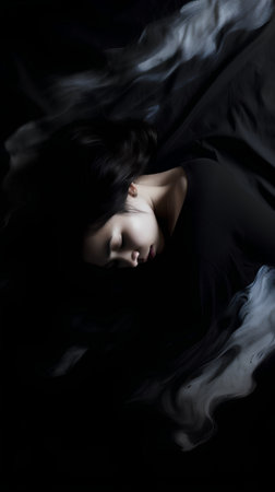 beautiful asian woman sleeping in black cloth on black background.の素材