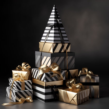 Black and gold gift boxes with ribbons on black background. 3D rendering.の素材