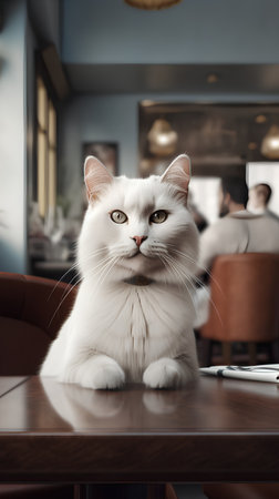 Portrait of a white cat sitting at a table in a cafeの素材