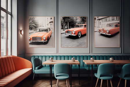 Interior of modern cafe with red sofa, coffee table and vintage car posters. 3D Renderingの素材