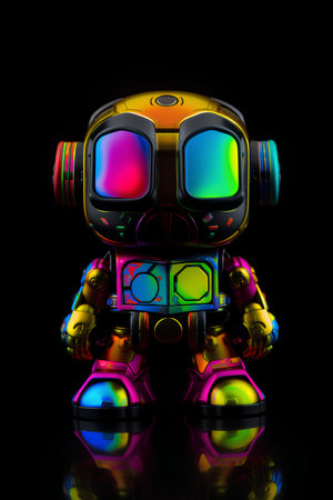 3D rendering of a robot isolated on black background with reflection.の素材