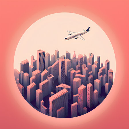 Airplane flying over the city. Vector illustration in retro style.の素材