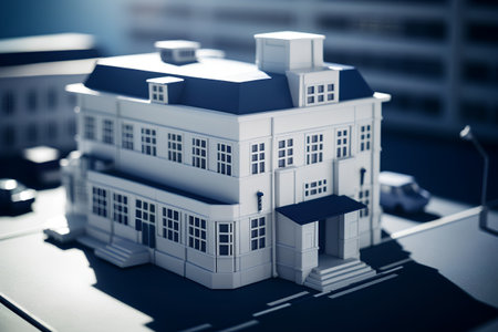 3d model of the house on the background of the city.の素材