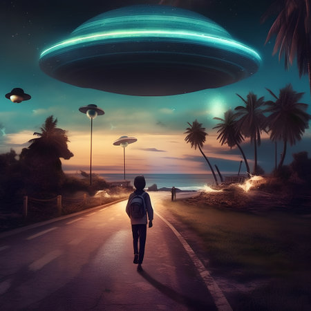 Woman walking on the road with UFO flying saucer in the backgroundの素材