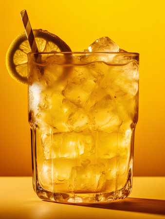 Cocktail with ice cubes, lemon and straw on yellow backgroundの素材