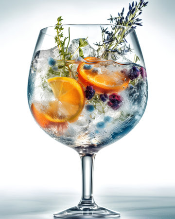 Cocktail with orange, blueberries and rosemary in a glass on a white backgroundの素材