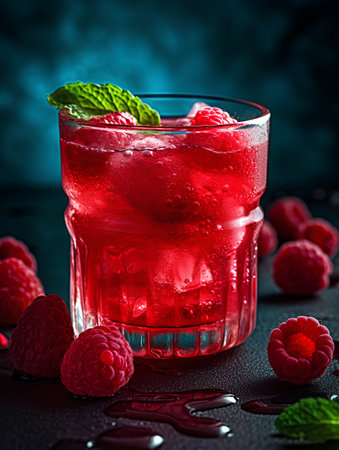 Refreshing summer drink with raspberries and mint on dark backgroundの素材