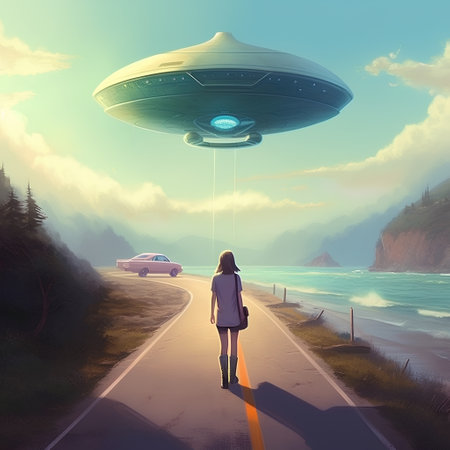 Woman looking at flying saucer over the road. 3d renderingの素材