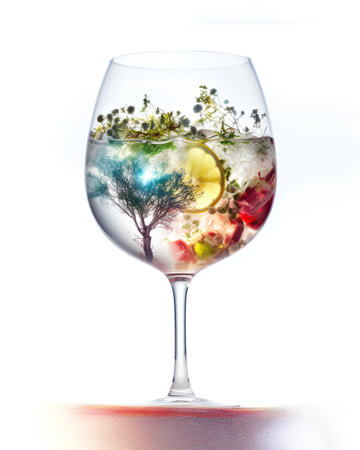 Wine glass with different kinds of herbs and fruits on white backgroundの素材