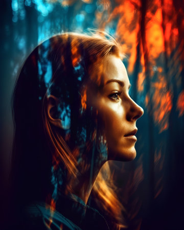 Portrait of a beautiful woman with long hair and blue eyes.の素材