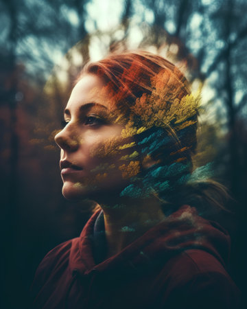 Double exposure portrait of a beautiful girl with abstract forest on the backgroundの素材