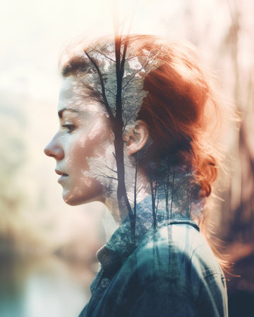 Portrait of a beautiful girl in the forest. A girl with red hair.の素材