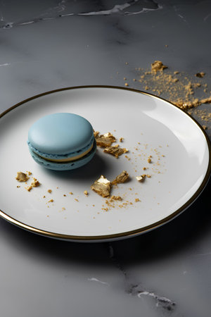 Blue macaroon on a white plate on a gray marble backgroundの素材