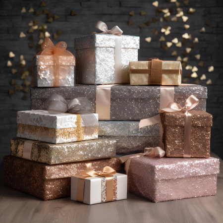 Gift boxes with golden ribbons on wooden floor and brick wall backgroundの素材