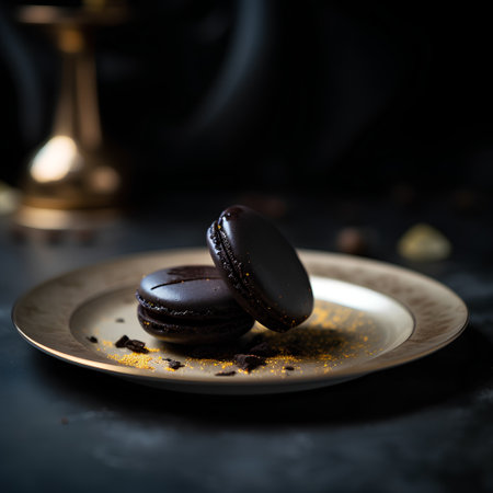 Chocolate macaroons on a plate on a dark background.の素材