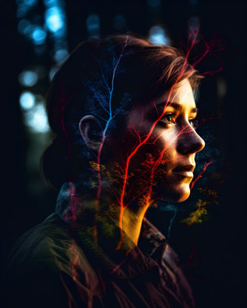 Portrait of a young man with lightning on his face in the forest.の素材
