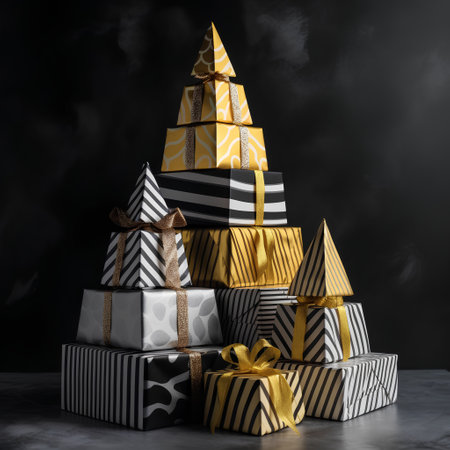 Christmas tree made of gift boxes on black background. 3d renderの素材