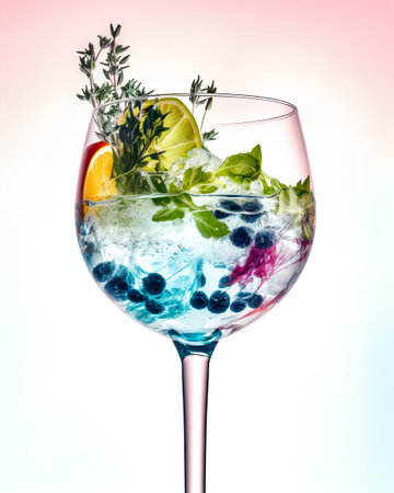 Cocktail with blueberry, lime, mint and ice in a glassの素材