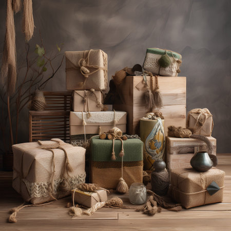 Zero waste Christmas concept. Handmade gift boxes with natural materials on wooden background.の素材
