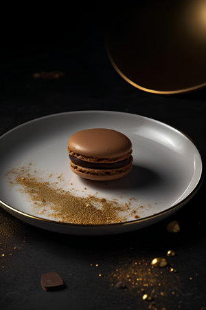 Chocolate macaroon on a white plate on a black backgroundの素材