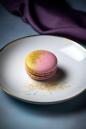 Macaroon on a white plate with a purple silk cloth.の素材