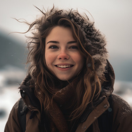 Portrait of a beautiful young woman in winter clothes smiling at cameraの素材