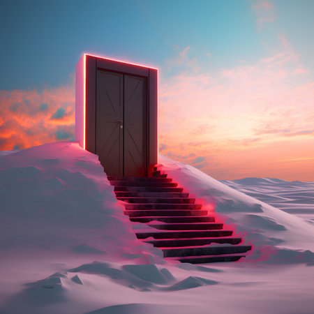 3D rendering of a red door in a snowy landscape at sunsetの素材