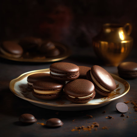 Chocolate macarons on a plate. Dark background. Selective focus.の素材