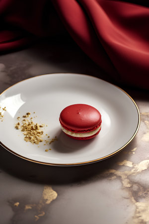Macaroon on a white plate with red satin cloth.の素材