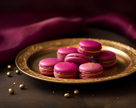 French macaroons in a golden plate on a wooden background.の素材