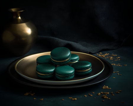 Green macaroons on a black plate with golden background. Toned.の素材